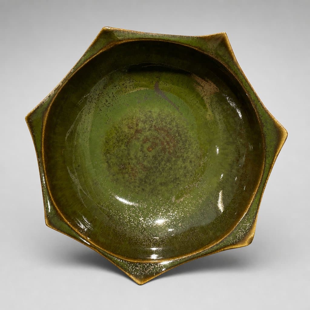 Small, faceted, cream stoneware dish in seaweed and iron lustre