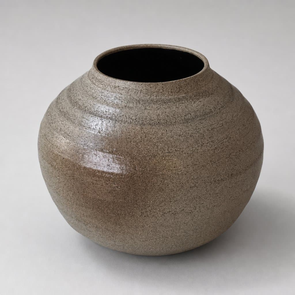 Medium, textured, grey stoneware vase with satin black interior and warm flashing spot from firing