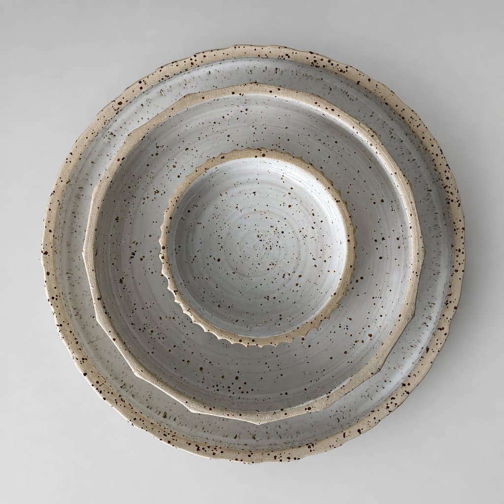 Three nested, speckled, cream stoneware plates with textured rims in glossy white