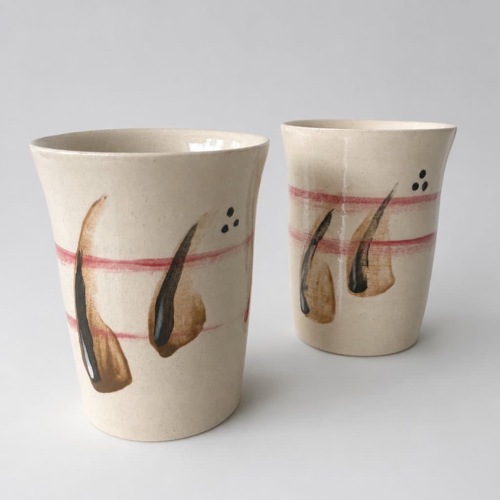 Two, slip decorated, cream stoneware cups in translucent glaze