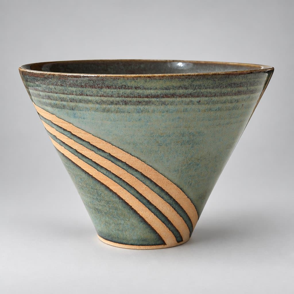 Small, V-shaped, cream stoneware snack bowl in blue rutile and seaweed