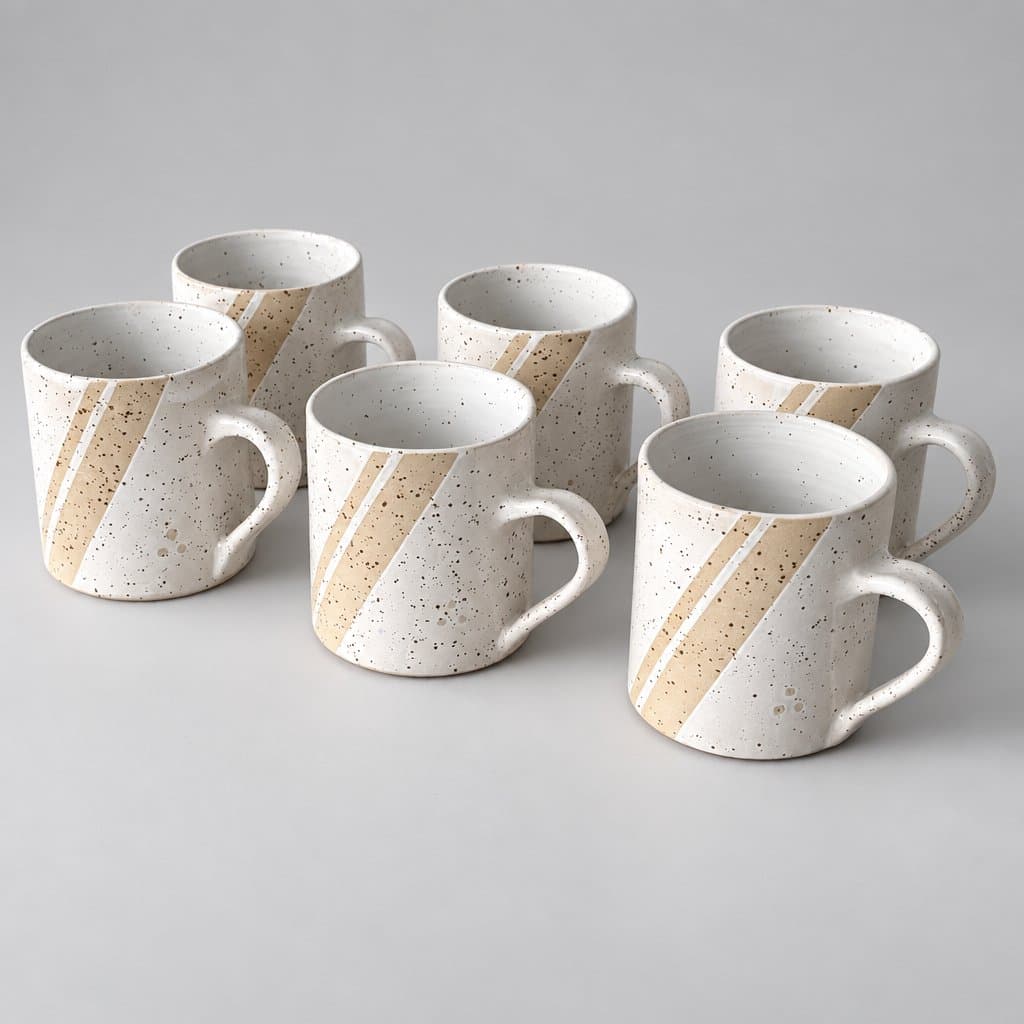 Six speckled cream stoneware mugs in glossy white