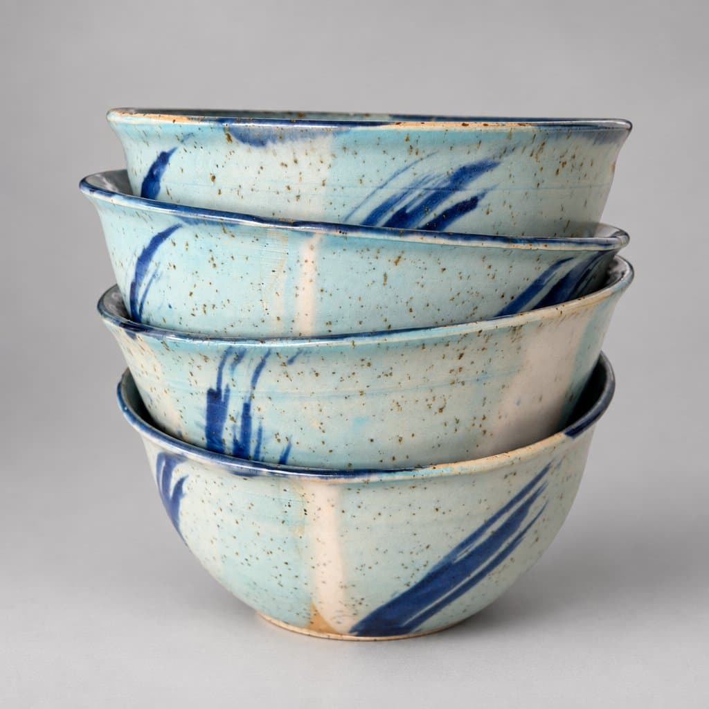 Four, speckled cream cereal bowls in robin's egg and deep blue