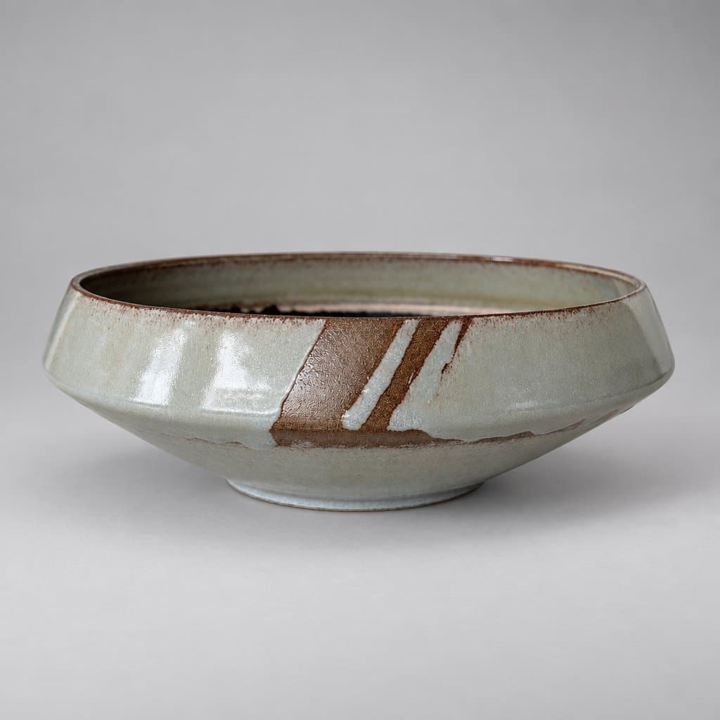 Low, footed, angular, grey stoneware serving bowl in grey and dark blue