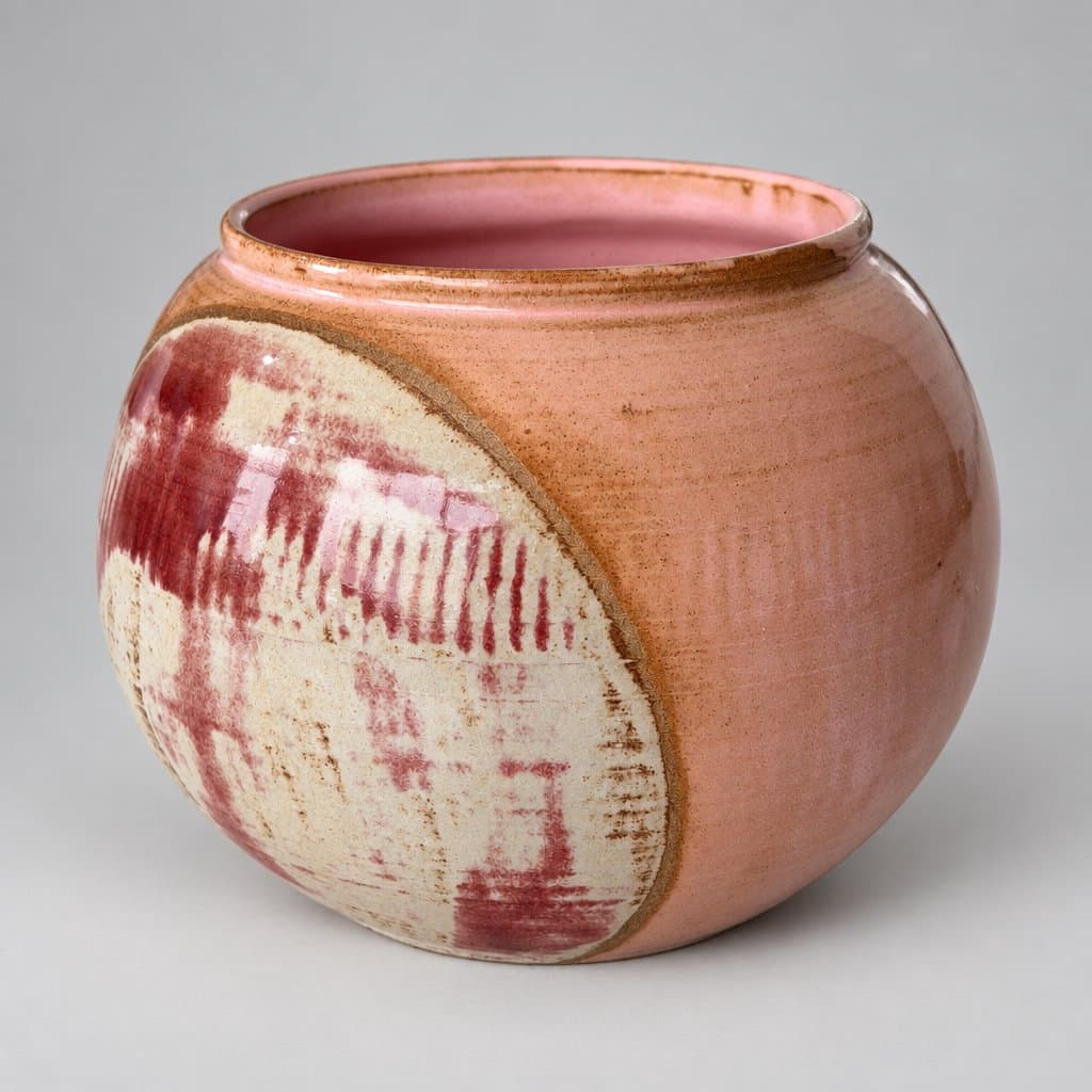 Round, toffee stoneware vase in magnolia and wine