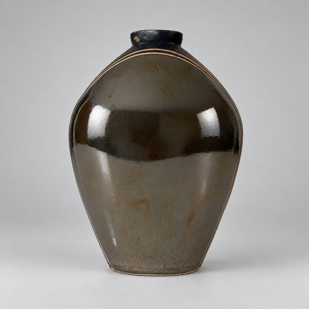 Cream stoneware vase with narrow neck in matte black and metallic palladium