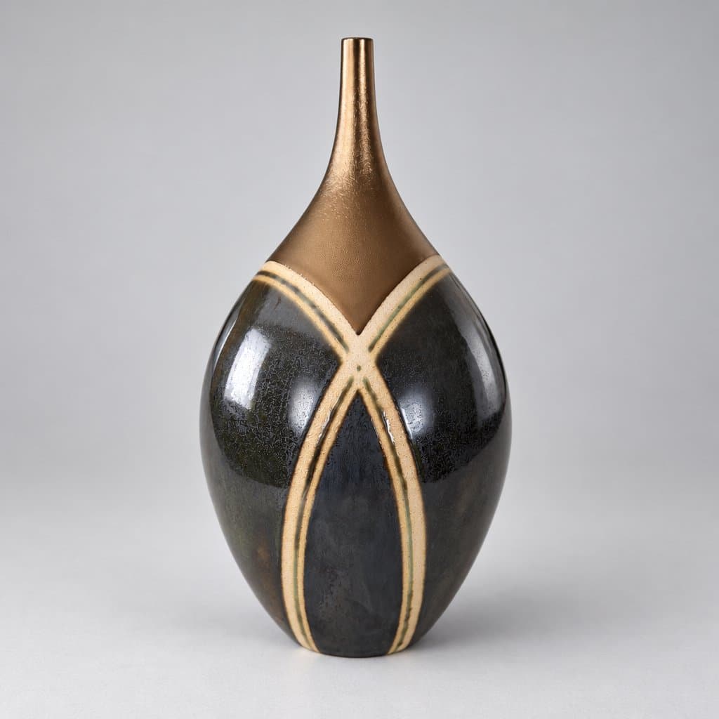 Large cream stoneware vase with narrow neck in seaweed and gold leather