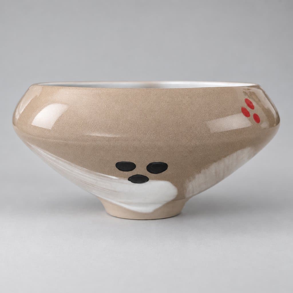 Footed, slip decorated, grey stoneware bowl with turned in rim in translucent glaze