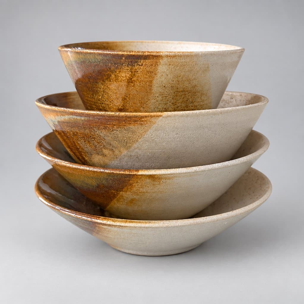 Four cream stoneware bowls in speckled cream and earth