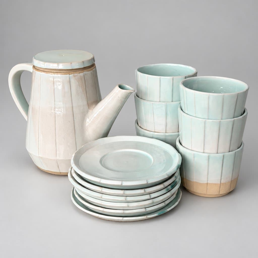 Faceted cream stoneware tea set in robin's egg Six cups, six saucers, and teapot